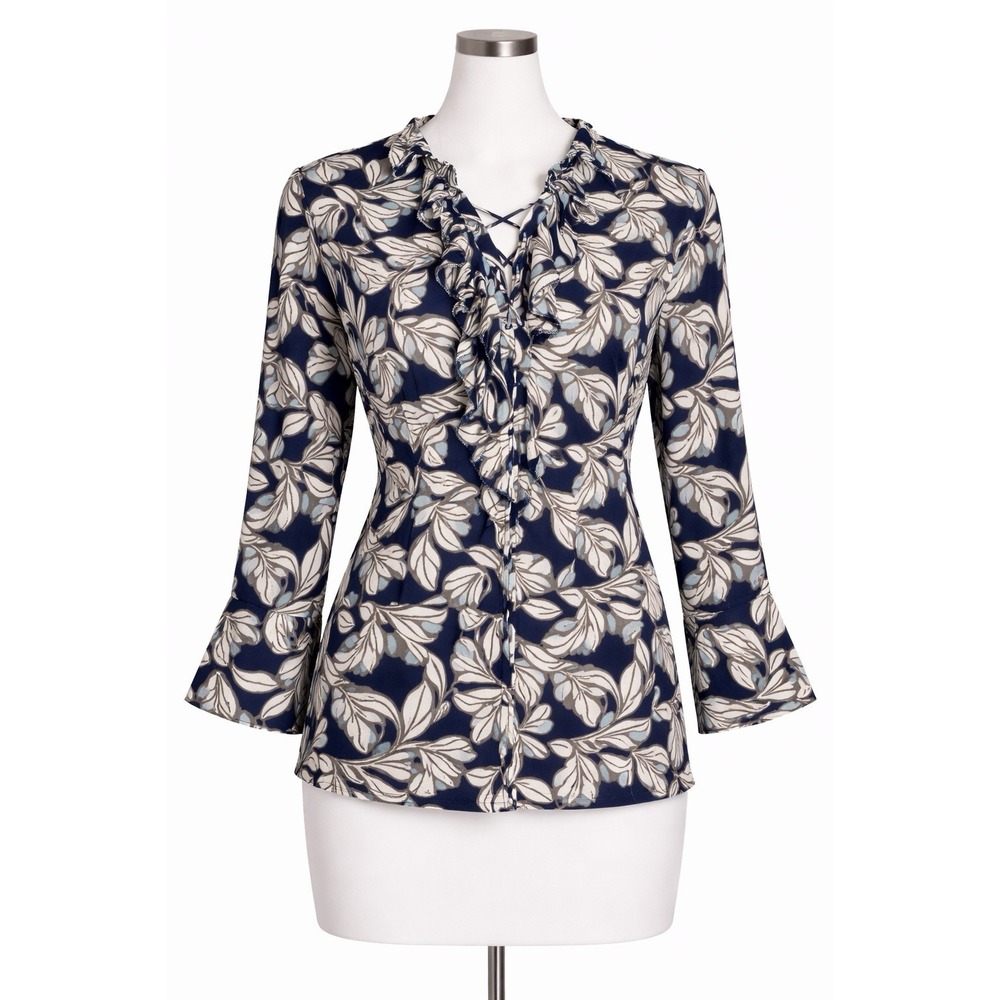 Ann Taylor Blouse S Navy Floral Tie Neck Long Sleeve Ruffle Office Boho